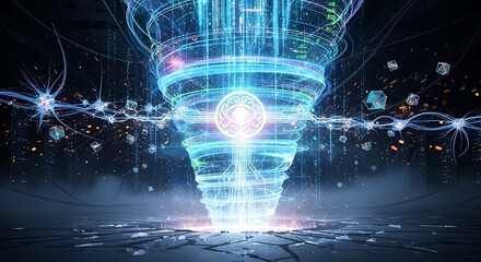 Abstract data vortex storm representing massive information overload computing power and digital energy explosion from floor