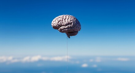 A human brain floats like a balloon in a vast, clear blue sky, tethered by a thin string, creating a surreal and conceptual image.