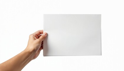 Obraz premium Hand holds blank white paper sheet against isolated background. Use for notes messages or presentations. Offers space for custom text or design elements.
