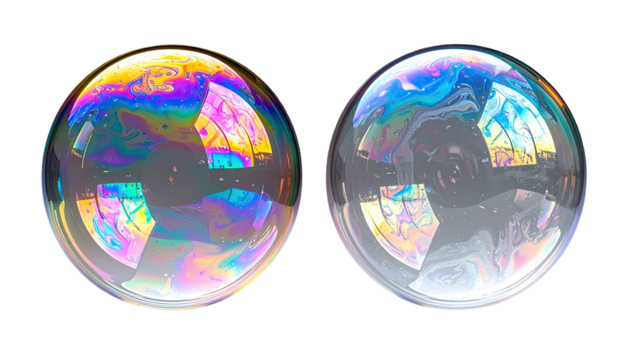 Two iridescent bubbles float, with rainbow colors