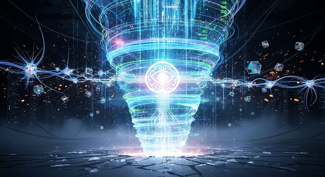 Abstract data vortex storm representing massive information overload computing power and digital energy explosion from floor