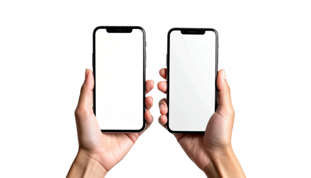 Two phones, held in hands, blank white screens against black - Powered by Adobe