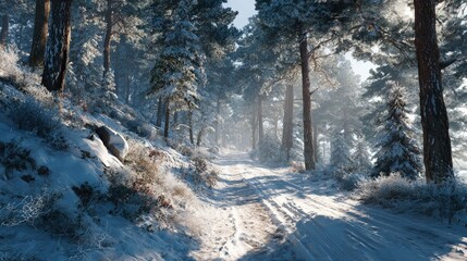 Winter Wonderland Park Landscape Snow-covered pines frosty pathways gentle sunlight filtering through branches