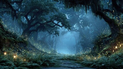 Enchanting forest landscape moonlit night glowing fireflies ancient oaks mystical ambiance detailed foliage