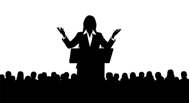 Silhouette of a speaker at a podium addressing an audience, emphasizing communication and presentation
