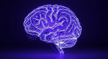 Artificial intelligence concept showing glowing digital human brain interconnected neurons and electrical impulses on dark blue background