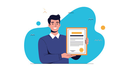 A smiling man proudly displays his certificate of achievement, representing success and completion of an educational or professional goal.