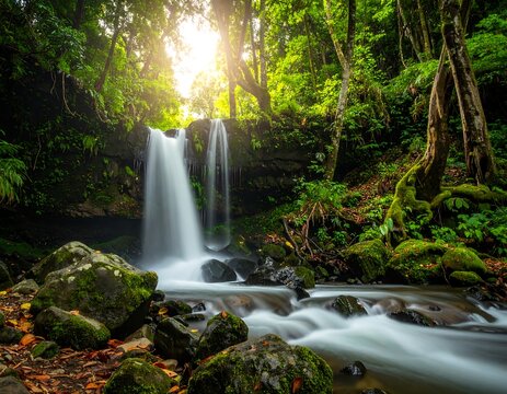 A serene waterfall cascades into a mossy pool, surrounded by lush green foliage and sunlight