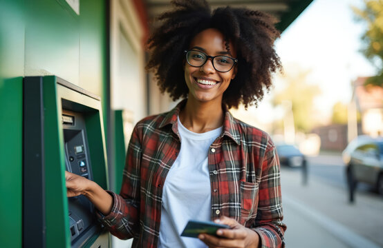 Young African woman smiles using ATM outside bank building. She holds bank card, ready to withdraw cash. Modern financial transaction on city street.
