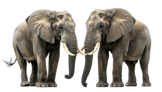 Two elephants with intertwined tusks pose against a black backdrop