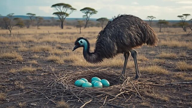 australian emu bird with eggs close up video