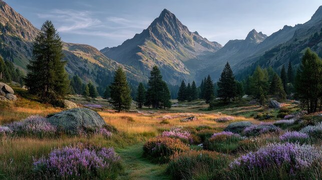 Majestic mountain landscape at sunrise vibrant wildflowers serene alpine meadow misty peaks golden light photorealistic high detail expansive sky