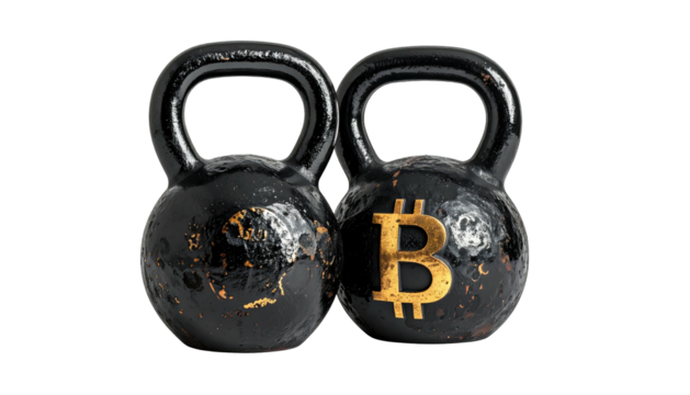 Two kettlebells, one with a Bitcoin symbol, on dark backdrop