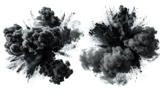 Two monochrome plume clouds rising against a stark black background