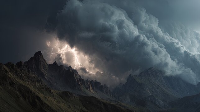 Stormy Heights Dark storm clouds gather ominously overhead lightning illuminates craggy mountaintops dramatic weather mountain landscape