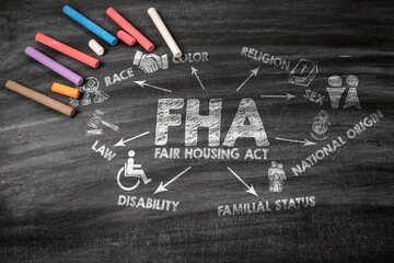 FHA Fair Housing Act Concept. Black scratched textured chalkboard background