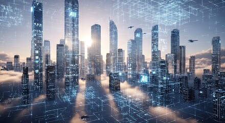 Bright future city integrating artificial intelligence technology and automated transportation systems across towering urban landscape