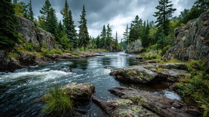 Wild river landscape with rapid whitewater moss-covered rocks and dense pine trees under stormy skies