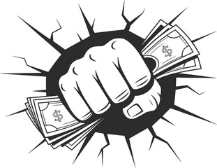 Fist Holding Money Breaking Wall Vector Illustration.