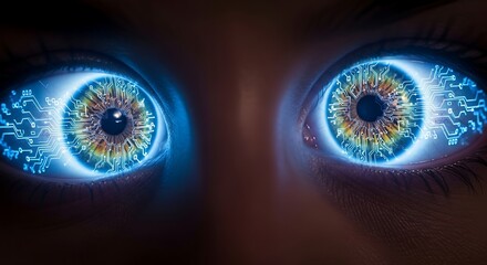 Close up of human eyes with glowing digital circuit board pattern overlay representing artificial intelligence and vision technology