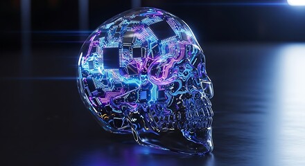 Concept image showing clear glass human skull filled with interconnected electronic circuits and microchips representing artificial intelligence mind