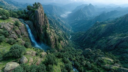 A rugged mountain landscape with dramatic cliffs, a cascading waterfall, lush greenery, a foggy valley and dynamic lighting, offering an ultra-realistic, breathtaking vista.