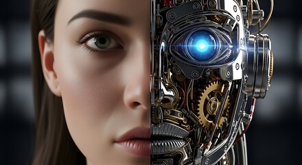 Concept Of Hybrid Identity Half Human Woman And Half Bionic Mechanical Robot Face Showing Inner Gears And Technology