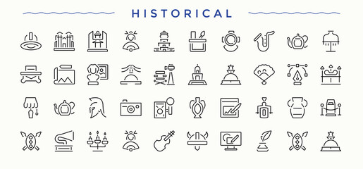 Historical icon set. Minimal icons set. Vector illustration in modern line style. Archaeologic icon set. Contain linear symbols archaeologic, art, museum, history, heritage, exhibition and more.