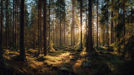 Obraz premium Forest landscape at golden hour warm sunlight filtering through dense pine trees soft shadows serene mood natural beauty