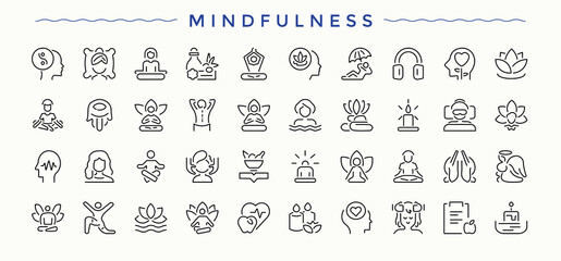 Mindfulness icon collection. Psychology icon set. Vector icons collection. Related to health, spirit, mind, emotion, stress, mental. Editable vector illustration.