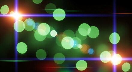 A vibrant display of bokeh lights with lens flares and geometric shapes on a dark background
