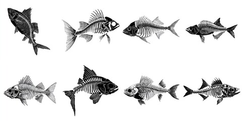 Artistic Illustration of Different Fish Skeletons in Black and White
