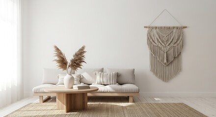 Obraz premium Living room interior with sofa, coffee table, pampas grass, and macrame wall hanging decor