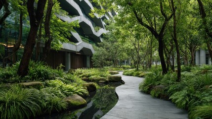 Modern Architectural Park Landscape Clean lines geometric patterns modern sculptures integrated into lush greenery