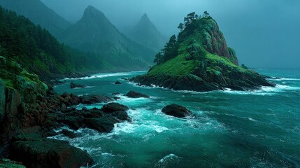 Mysterious fog-shrouded island floating among stormy seas adding enigma to an epic landscape