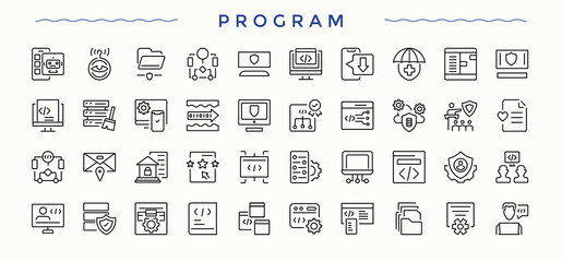 Program icon. Website line icon set. Contain linear sign develop, web, software, app, technology and more. Editable stroke vector art.
