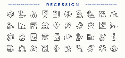 Set of Recession line icon. Includes thin line symbols pollution, smog, environment, ecology, dust, greenhouse and more. Minimalist vector collections. Dirty icon set. Pixel perfect. Editable stroke.