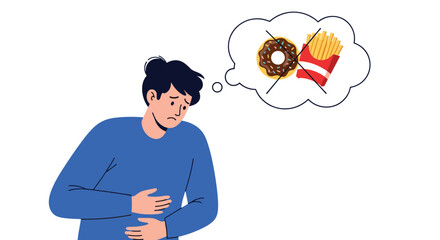 A person experiencing stomach discomfort thinks about avoiding unhealthy foods like donuts and french fries, symbolizing dietary restrictions or indigestion.