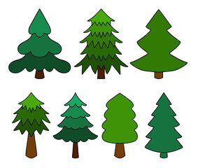 Set of eight cartoon pine trees, each in a unique green style. Hand-drawn fir, spruce, and cedar collection: stylized shapes, brown trunks. Great for nature, forest, ecology, and kids’ design