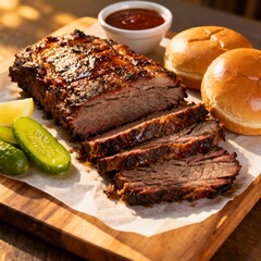 A sliced smoked brisket on a wooden board with pickles lemon buns and barbecue sauce in a bowl