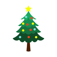 Cartoon Christmas tree decorated with colorful round baubles and yellow garland. Festive fir icon for winter holiday design, New Year cards, stickers, kids projects.