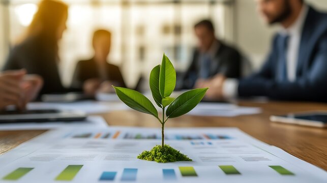 Young plant growing on financial charts during business meeting