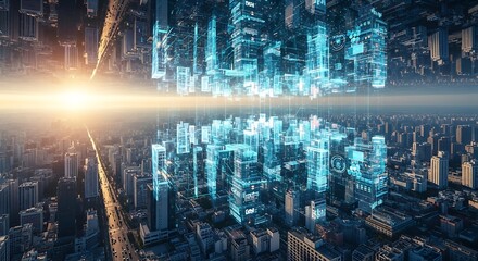 Futuristic Smart City Mirror Reflection Digital Network Connection Global Data Exchange Infrastructure