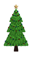A charming and vertically-oriented 3D rendering of a highly stylized Christmas tree. The tree features glossy, sculpted dark-green foliage divided into three tiers with shiny red, blue, and green.