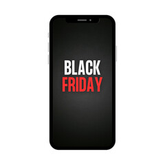 Smartphone with BLACK FRIDAY text on screen, isolated on transparent background. Bold white and red lettering. E-commerce, sales, promotions, banners, and seasonal marketing campaigns.