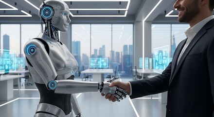 Human businessman shaking hands with realistic humanoid robot woman symbolizing partnership integration of artificial intelligence into commerce and industry