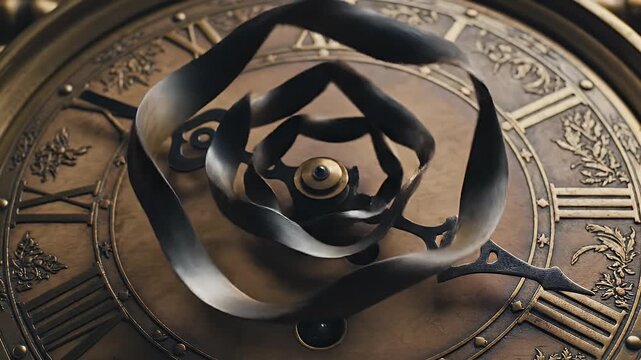 Close-up of ornate clock with hands, roman numerals, intricate details, and a brass-gold color