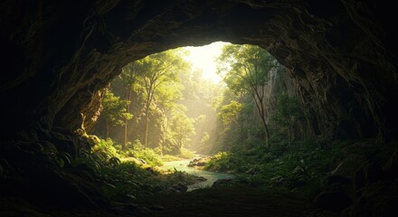 Sunlit River Valley Viewed from a Dark Cave Entrance, Lush Greenery and Turquoise Water