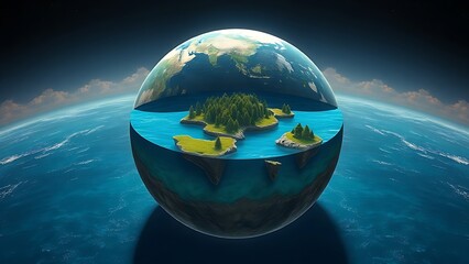A cutaway Earth core reveals an azure ocean with floating islands, defying natural laws.