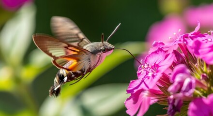 Hummingbird Hawk-Moth Feeding on Pink Flowers in Garden.